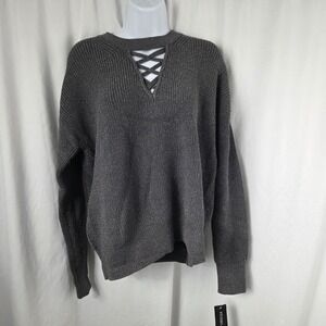 Studio By JPR Sweater Womens XL Gray Metallic Lace Up V Neck Knit Pullover